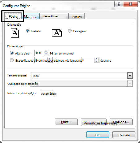 Caixa de diálogo Configuração de Página