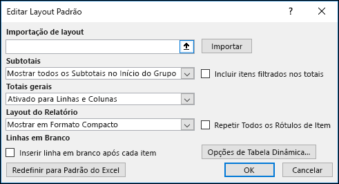 Opções padrão de Tabela Dinâmica
