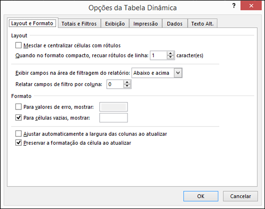 Caixa de diálogo de Opções de Tabela Dinâmica