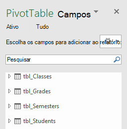 Lista de Campos da Tabela Dinâmica do Power Pivot