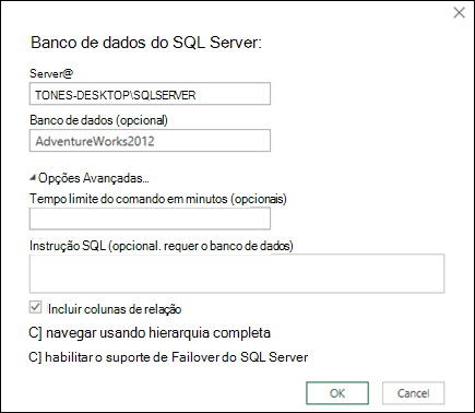 caixa de diálogo ligação da Base de Dados do Power Query SQL Server