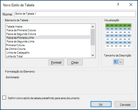 Opções da caixa de diálogo Novo Estilo de Tabela para aplicar estilos personalizados a uma tabela