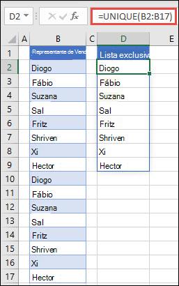Função ÚNICO em uso para classificar uma lista de nomes