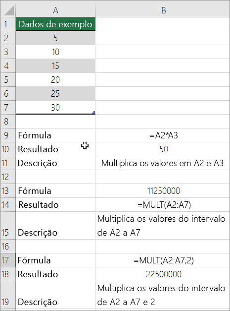 Multiplicar números usando a função PRODUTO