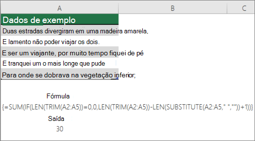 Exemplo de uma fórmula aninhada para contar palavras