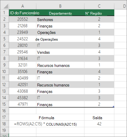 Exemplo da função LINHAS e COLUNAS para contar o número de células em um intervalo