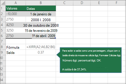 Captura de ecrã que mostra um exemplo da função XTIR.