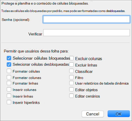 Elementos disponíveis para proteção em uma planilha