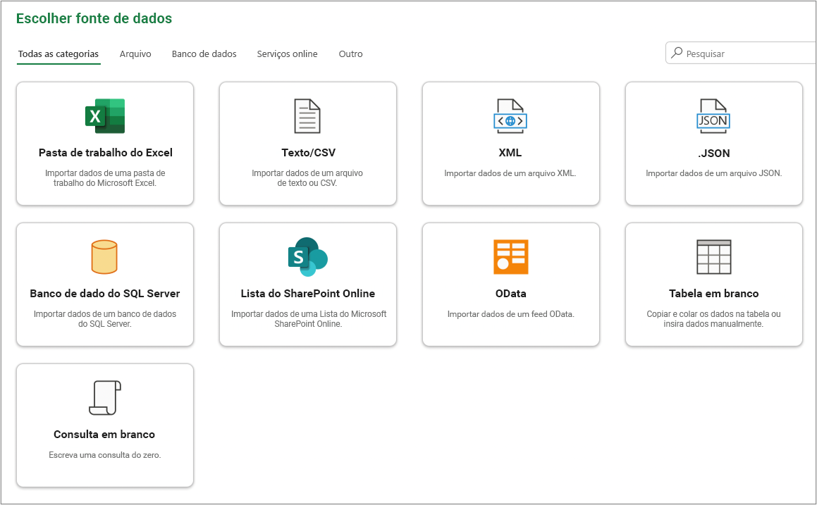 Exemplo de fontes de dados a serem selecionadas na caixa de diálogo
