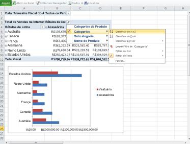 Livro do Excel no modo de visualização do browser com um menu de filtros de Tabela Dinâmica aberto