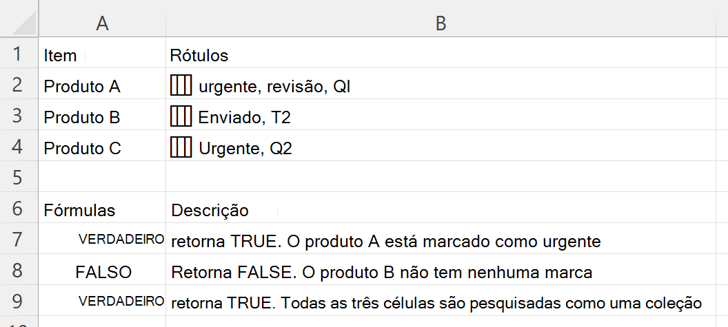Usando HASANY para marcar se uma célula que contém uma matriz aninhada de marcas inclui alguma das marcas escolhidas