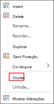 Ocultar guia em Excel para a Web.