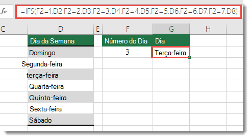 Função IFS – Dias da Semana exemplo – A fórmula na célula G2 é  =IFS(F2=1,D2,F2=2,D3,F2=3,D4,F2=4,D5,F2=5,D6,F2=6,D7,F2=7,D8)