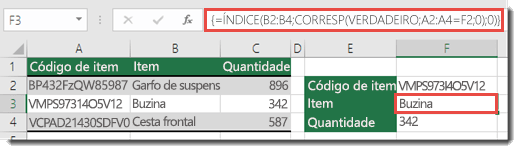 Captura de tela que mostra o uso de ÍNDICE e CORRESP para pesquisar valores com mais de 255 caracteres.