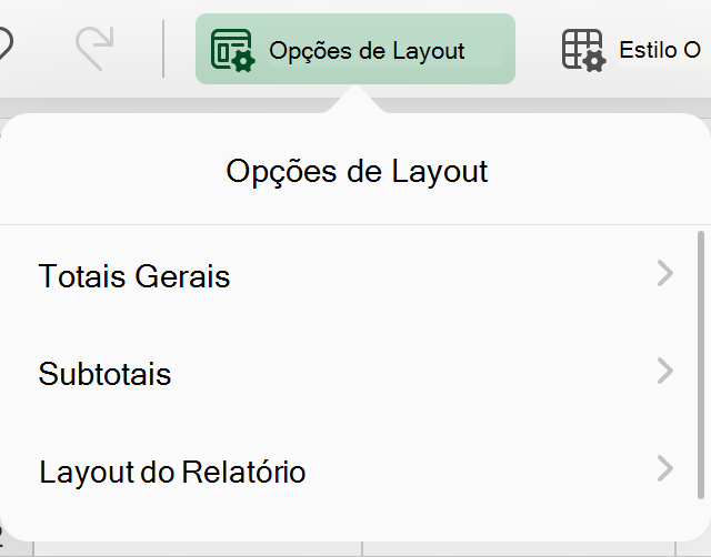 Menu suspenso de layout da Tabela Dinâmica no iPad.