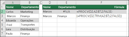 Usando a função PROCV com ARRUMAR em uma fórmula de matriz para remover espaços à esquerda ou à direita. A fórmula na célula E3 é {=PROCV(D2,ARRUMAR(A2:B7),2,FALSO)}. Para inseri-la usando CTRL+SHIFT+ENTER.