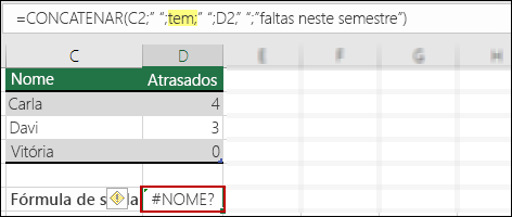 Erro #NOME? gerado pela ausência de aspas duplas nos valores de texto