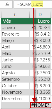 Erro #NOME? gerado por uma referência a um nome não definido na sintaxe