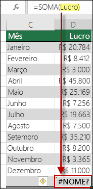 Erro #NOME? gerado por um erro de digitação no nome definido na sintaxe