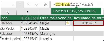 Erro #NOME? gerado por um erro de digitação na sintaxe