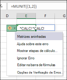 Matriz aninhada #CALC! Erro