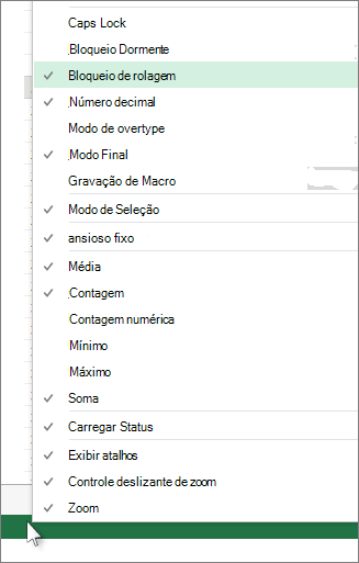 Clique com o botão direito do mouse na barra de status para personalizá-la