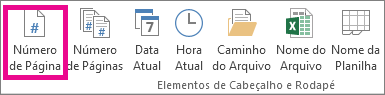 No grupo Elementos do Cabeçalho & Rodapé, clique em Número de Página