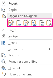 Grupo Botões de cinco opções para colar gráficos do Excel para o Word.