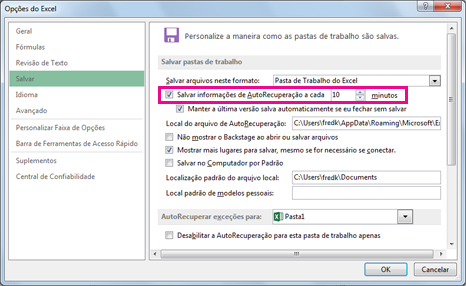 Opção AutoRecuperação na guia Salvar na caixa de diálogo Opções do Excel