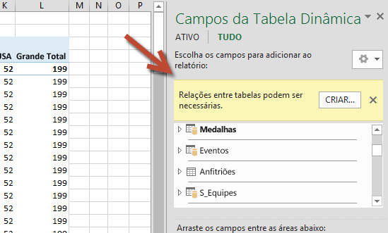 A solicitação CRIAR... relação nos Campos da Tabela Dinâmica