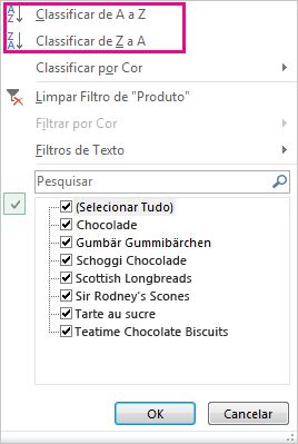 Comandos de classificação na galeria Classificar e Filtrar