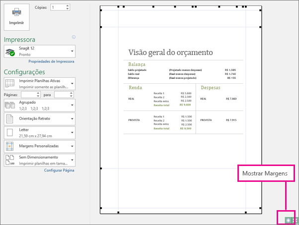 Mostrar a caixa Margens na Visualização de Impressão