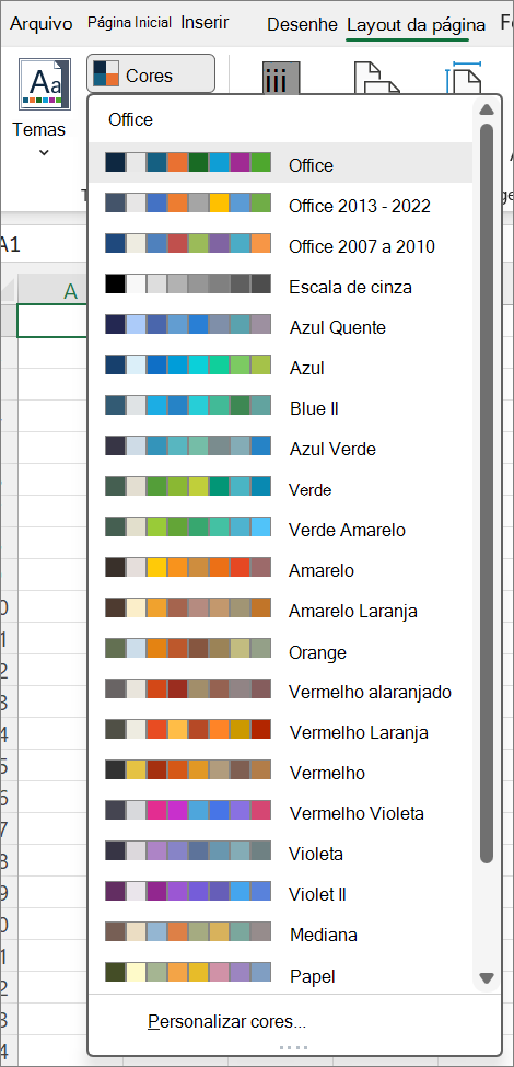 Captura de tela que mostra a galeria Cores de Temas aberta usando o botão Cores na guia Layout de Página.