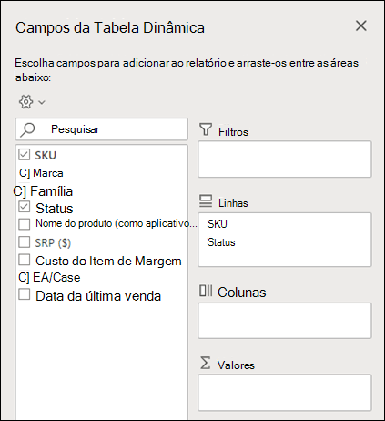 Campos da Tabela Dinâmica no Excel para a Web
