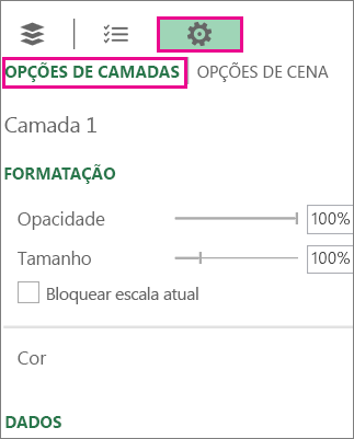 Ícone Configurações na guia Opções de Camada