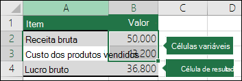 Cenário – Configuração de um cenário com células de alteração e resultado