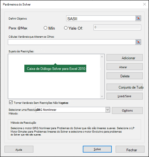 Imagem da caixa de diálogo Excel 2010+ Solver