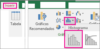 Comando Histograma atingido do botão Inserir Gráfico de Estatística