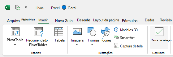 O botão Caixa de Seleção Inserir na guia Inserir