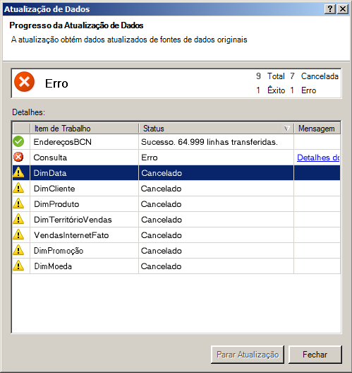 Mensagens de status da atualização de dados no PowerPivot