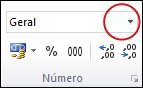 A lista de formatos de número no grupo de números na guia página inicial.