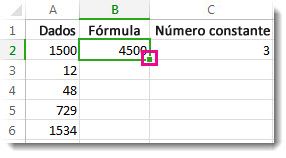 Uma caixa quadrada verde no canto inferior direito da célula B2