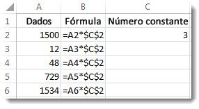 Números na coluna A, fórmula na coluna B com sinais $ e o número 3 na coluna C