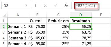 Resultados de porcentagem na coluna D