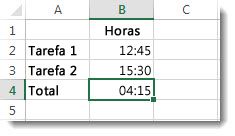 Tempo somado que é mais de 24 horas no total, um resultado não executado de 4:15