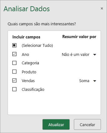 Selecione quais campos você deseja incluir e atualizar para obter as novas recomendações.