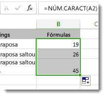 Inserindo várias funções NÚM.CARACT em uma planilha
