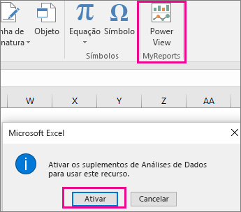 Botão do modo de exibição de tabela dinâmica personalizado e caixas de diálogo ativando o suplemento no Excel