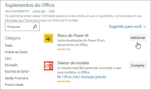 Captura de ecrã da página Suplementos do Office onde pode selecionar ou procurar um suplemento para o Excel.