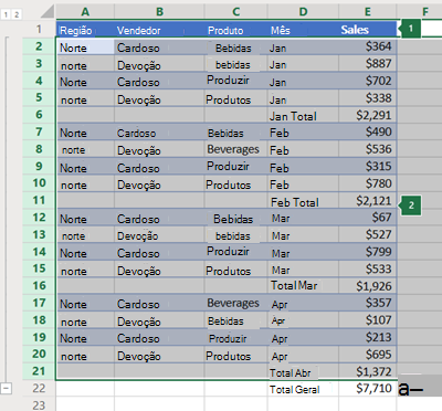 Estrutura de tópicos de linhas no Excel Online